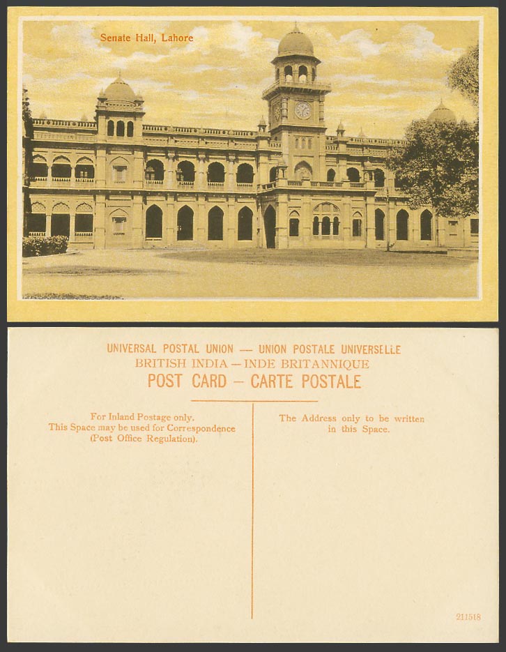 Pakistan Lahore, Senate Hall Building and Clock Tower Old Postcard British India