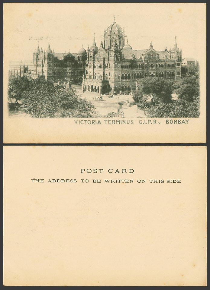 India Old U.B. Postcard Victoria Terminus G.I.P.Ry Railway Station Street Bombay