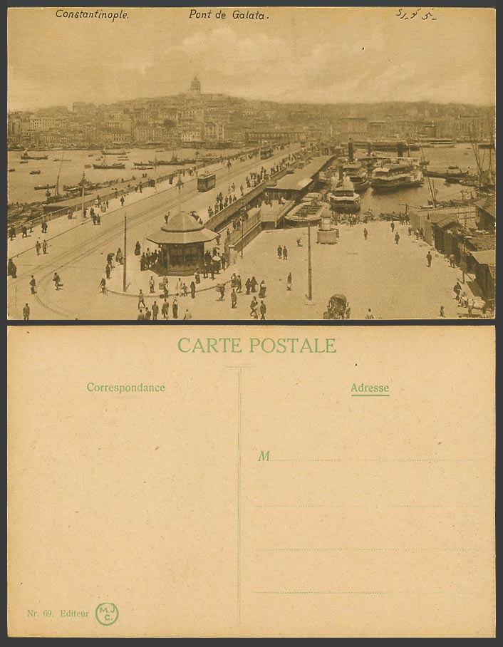 Turkey Old Postcard Constantinople Pont de Galata Bridge TRAM Ships Boat Harbour