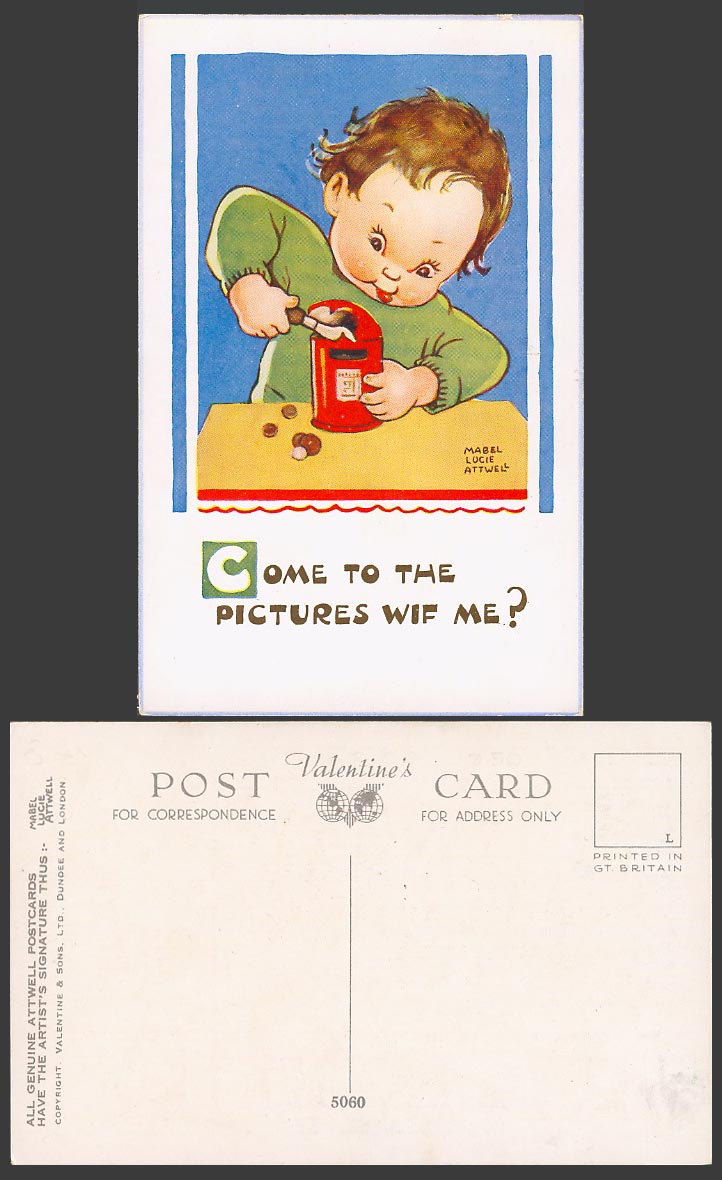 MABEL LUCIE ATTWELL Old Postcard Come to Pictures With Me? Open Piggy Bank 5060