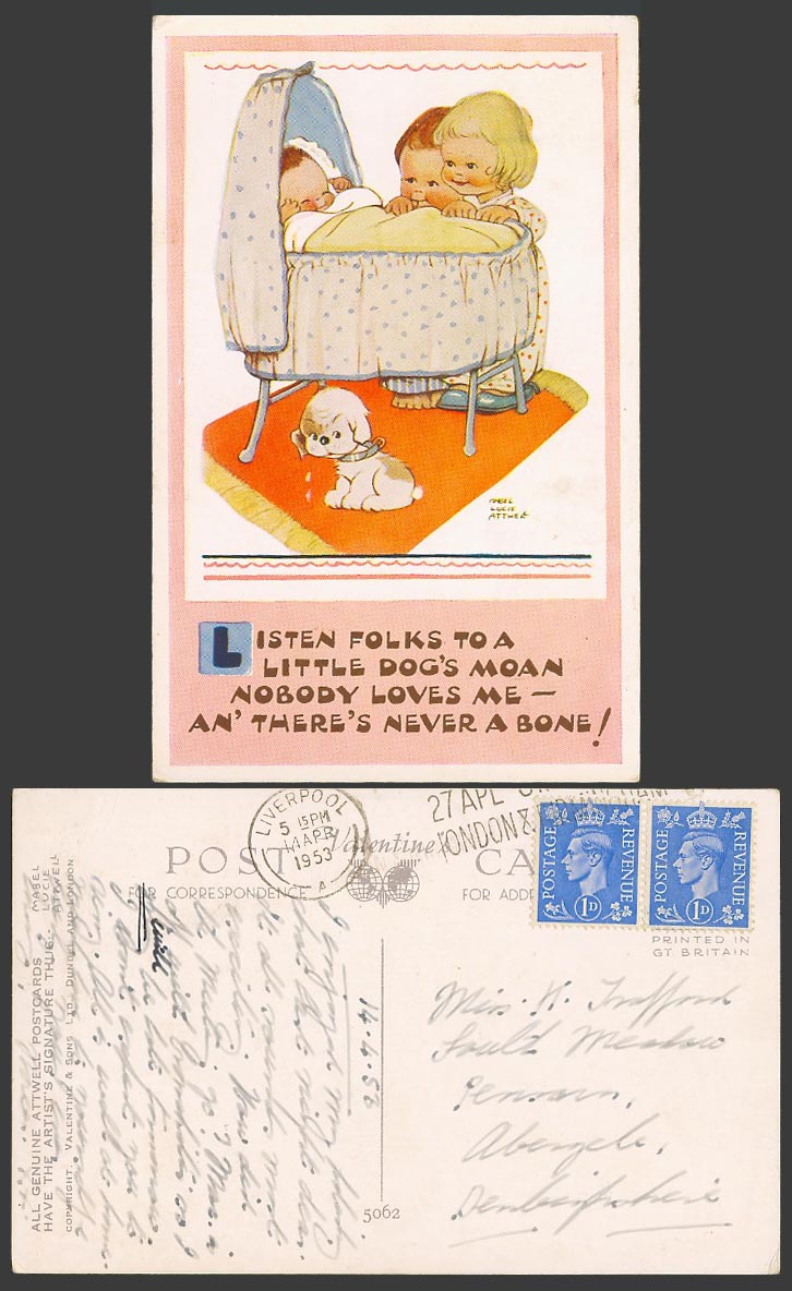 MABEL LUCIE ATTWELL 1953 Old Postcard Dog's Moan, Nobody Loves Never a Bone 5062
