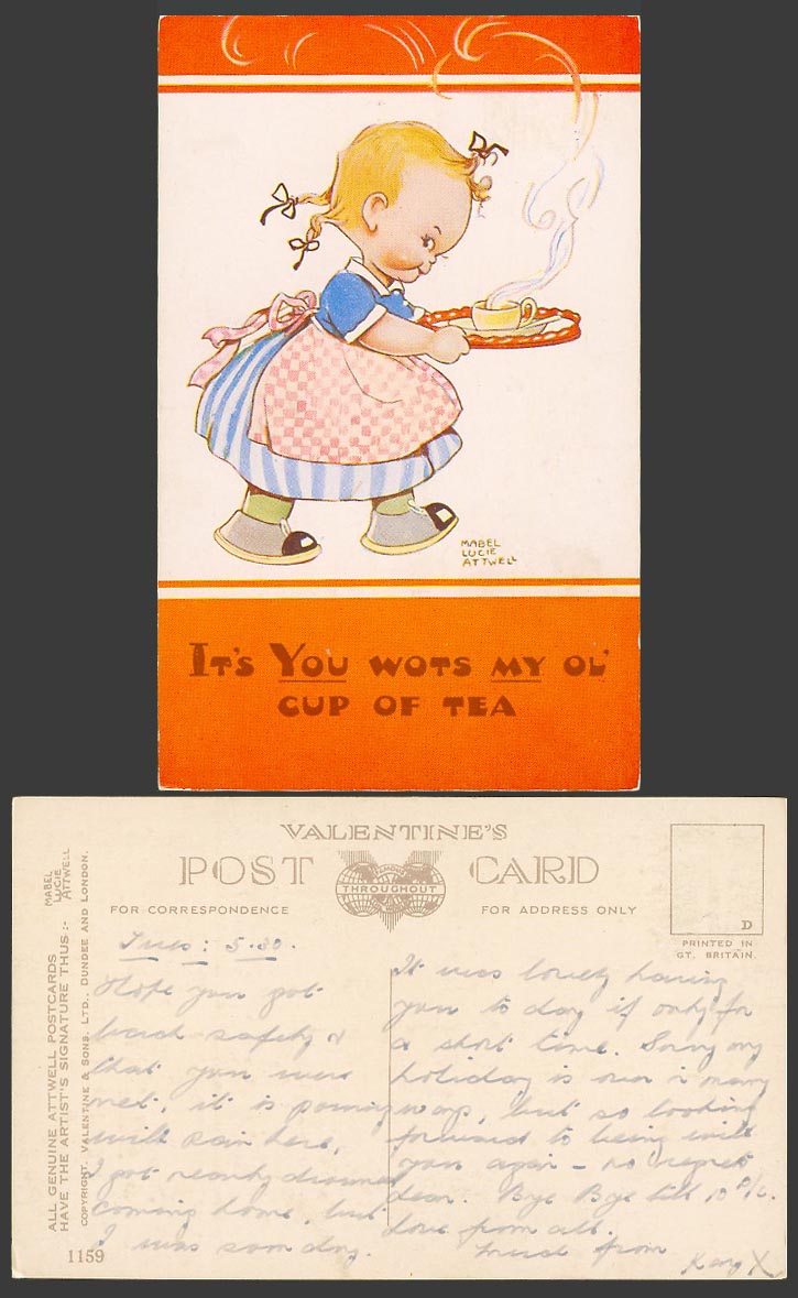 MABEL LUCIE ATTWELL Old Postcard It's You Wots My Ol' Cup of Tea Cup & Tray 1159