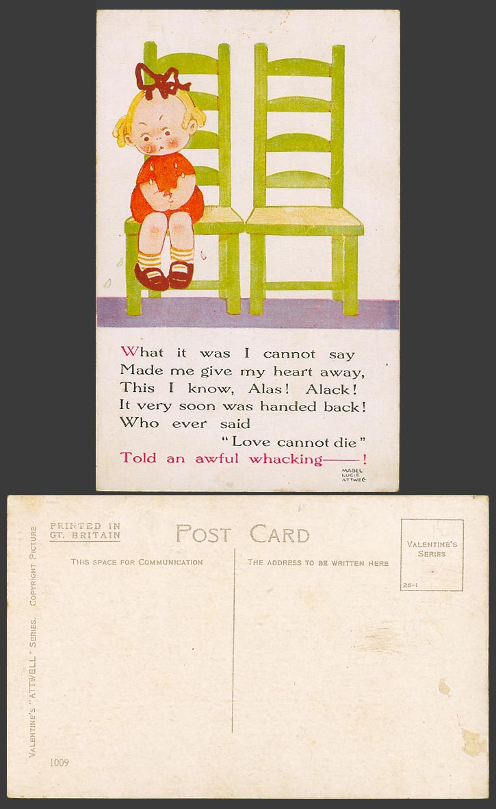 MABEL LUCIE ATTWELL Old Postcard Love Cannot Die Told an Awful Whacking No. 1009