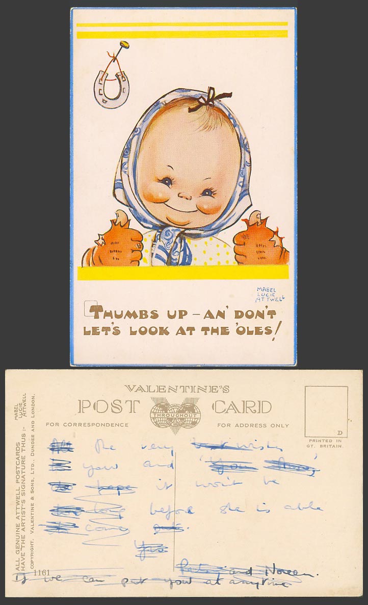 MABEL LUCIE ATTWELL Old Postcard Thumbs Up Let's Look at Oles Horseshoe No. 1161