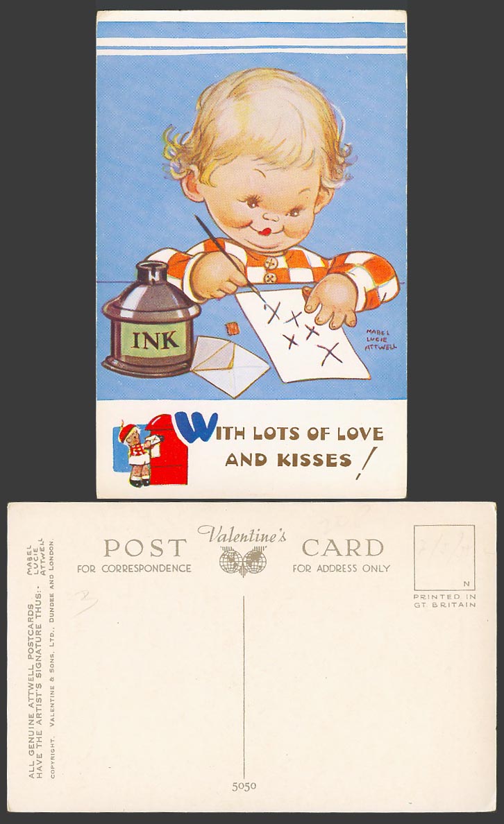 MABEL LUCIE ATTWELL Old Postcard With Lots of Love, Kisses INK Postbox Girl 5050