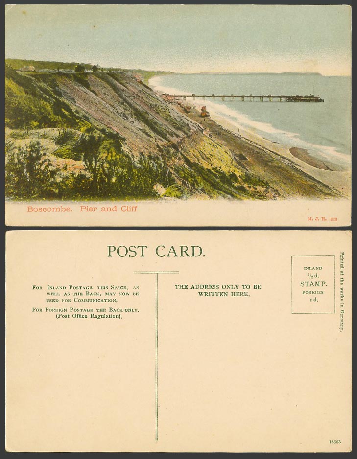 Boscombe Pier and Cliff - Dorset Old Colour Postcard Seaside Panorama M.J.R. 320