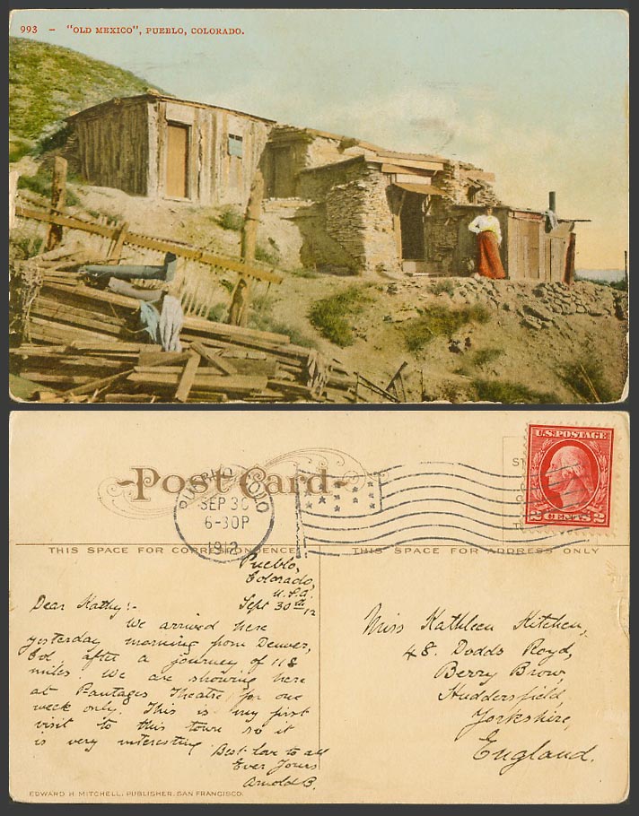 USA 2c 1912 Old Colour Postcard Old Mexico Pueblo Colorado Edward H Mitchell 993