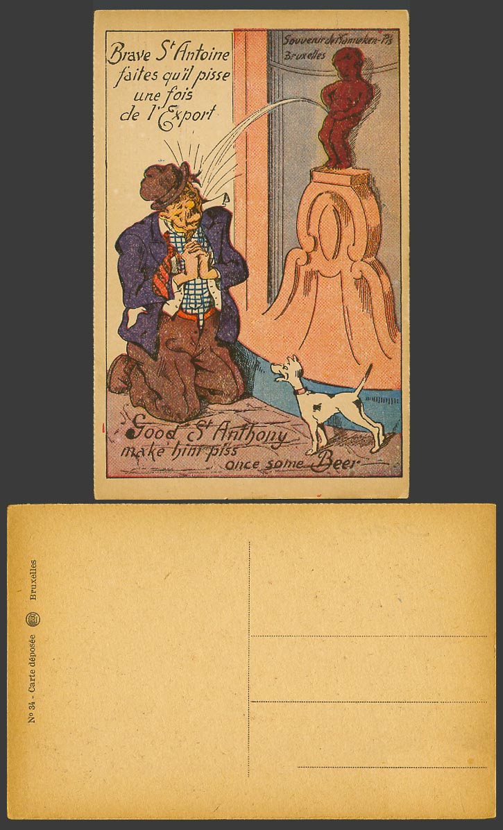 Manneken-Pis Bruxelles Comic Old Postcard Prayer & Dog St. Anthony make him Piss