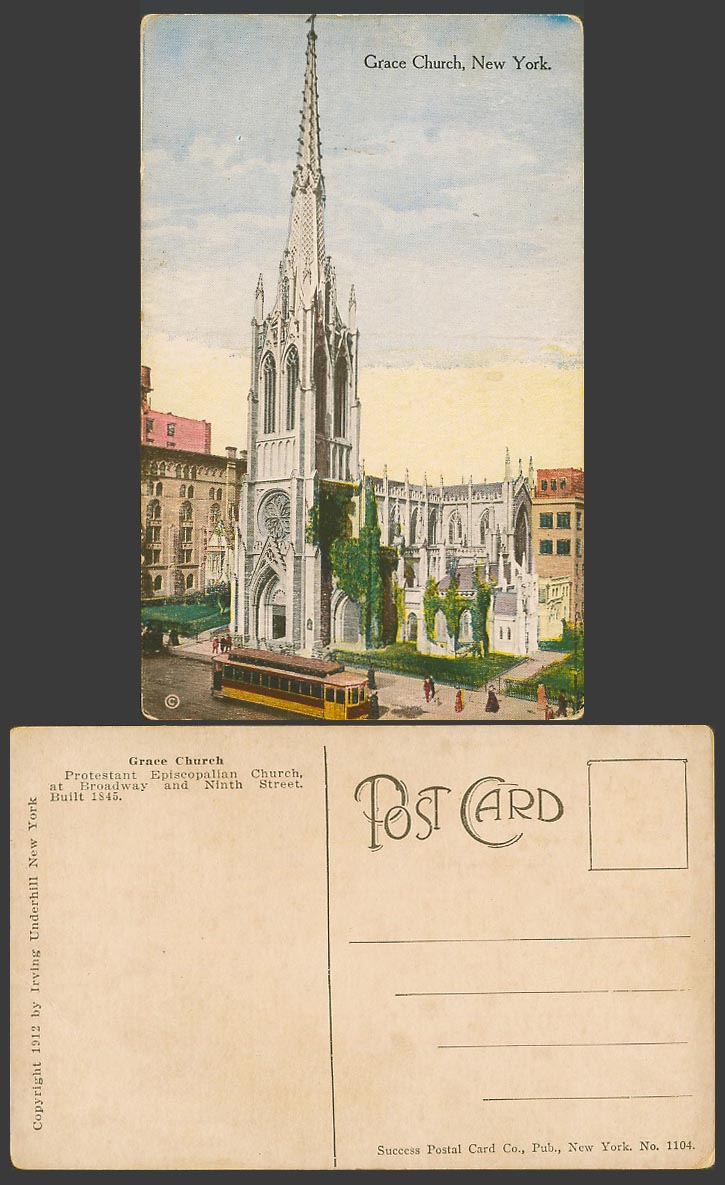 USA Old Color Postcard Grace Church New York TRAM Protestant Episcopalian 9th St