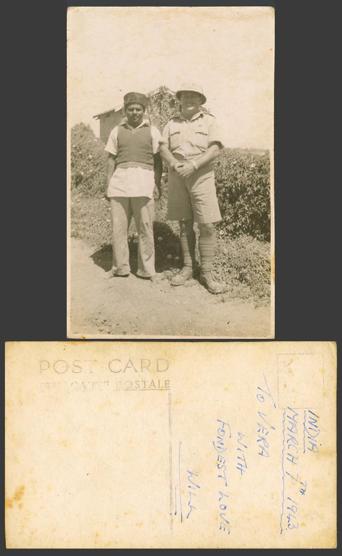 Indian 1943 Old Real Photo Postcard British Soldier Military Uniform, Native Man