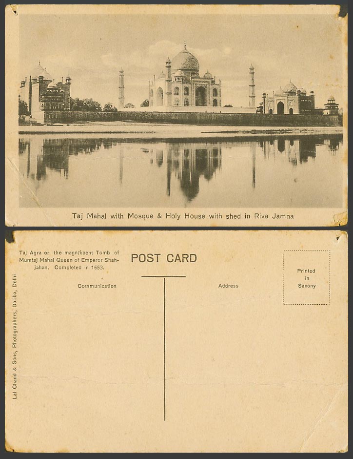 India Old Postcard TAJ MAHAL with Mosque and Holy House Shed in Riva Jumna River