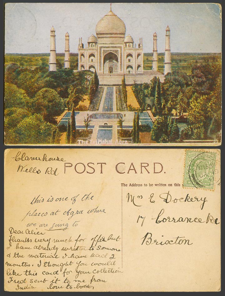India KE7 1/2a 1911 Old Colour Postcard TAJ MAHAL AGRA, Agra Fountains & Gardens