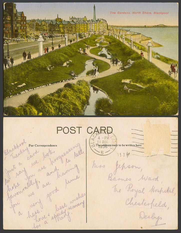 Blackpool 1936 Old Postcard North Shore The Gardens Street View Seaside Panorama