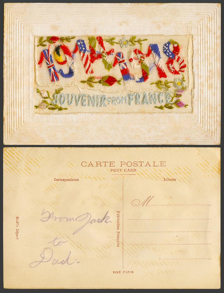 WW1 SILK Embroidered 1914 1918 Old Postcard Souvenir from France & Empty Wallet