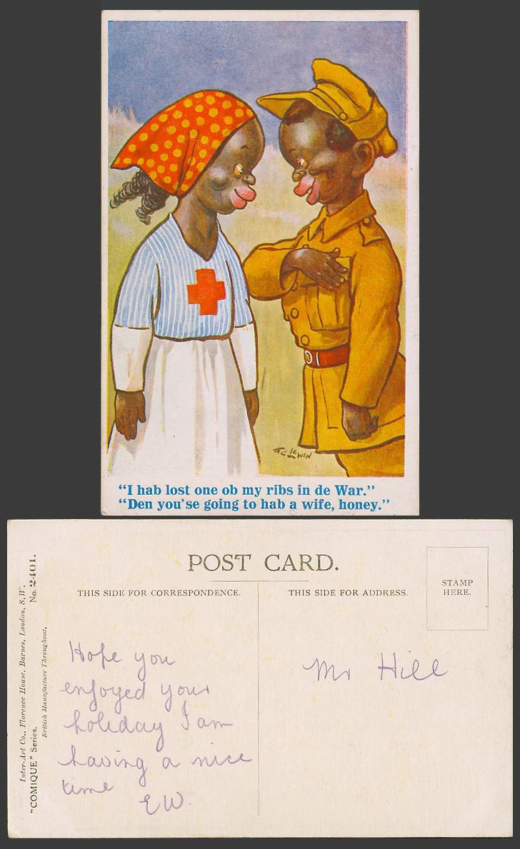 F.G. Lewin Old Postcard Black Boy Soldier Lost Ribs in War, Red Cross Nurse Girl