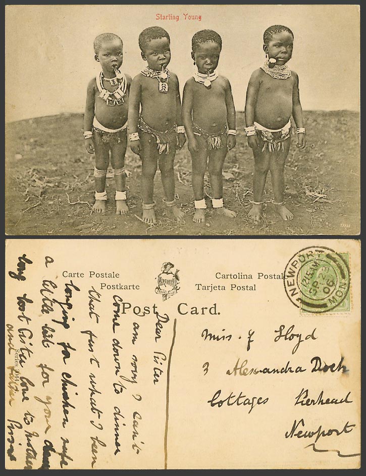 South Africa 1906 Old Postcard ZULU Black Children Smoking Pipe, Starting Young