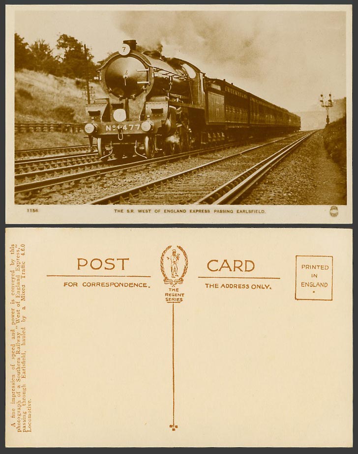 S.R. West of England Express Earlsfield Locomotive Train Railway Old RP Postcard