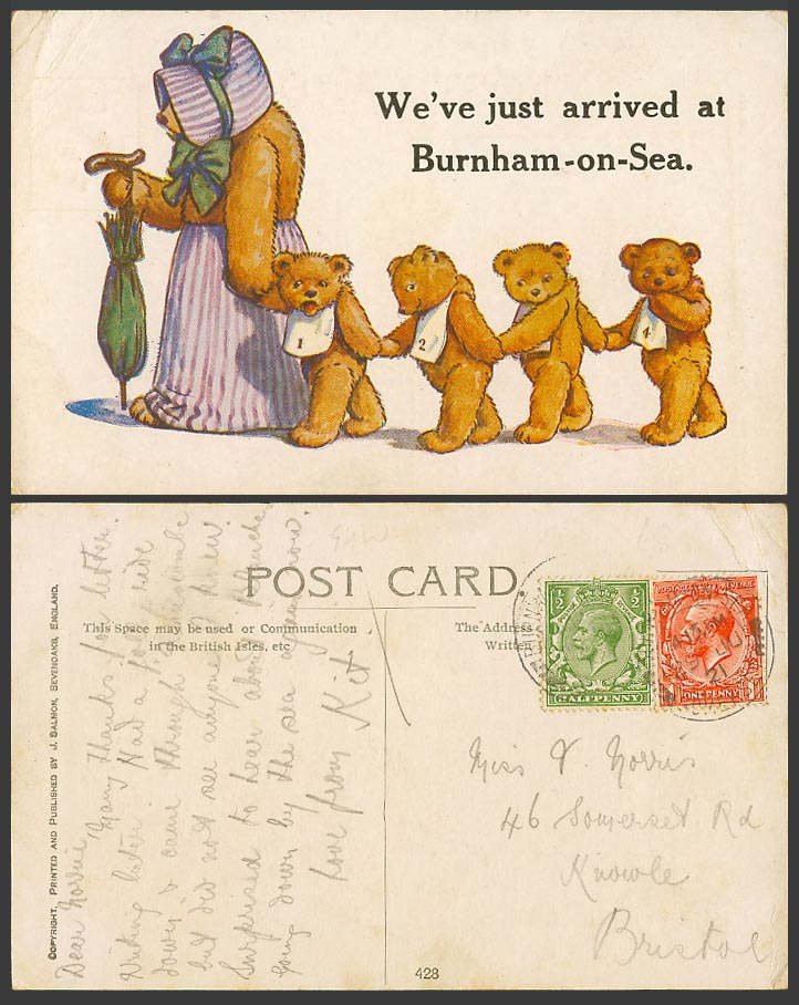 Teddy Bear Family Bears - We've Just Arrived at Burnham-on-Sea 1921 Old Postcard