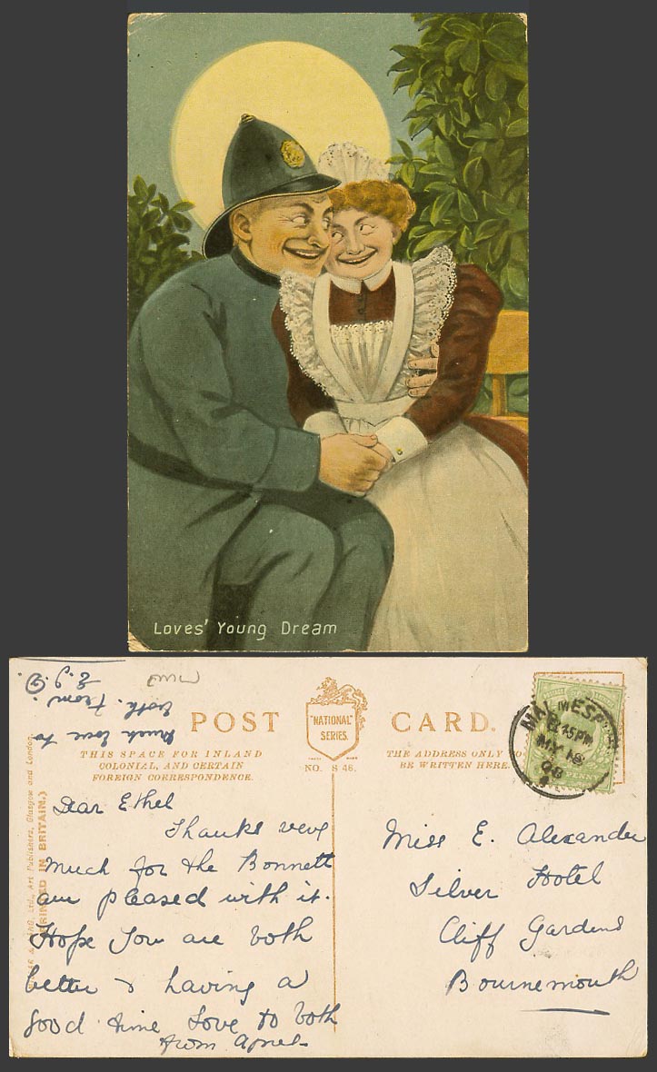 Police Policeman Maid Loves' Young Dream Full Moon Night Comic 1908 Old Postcard