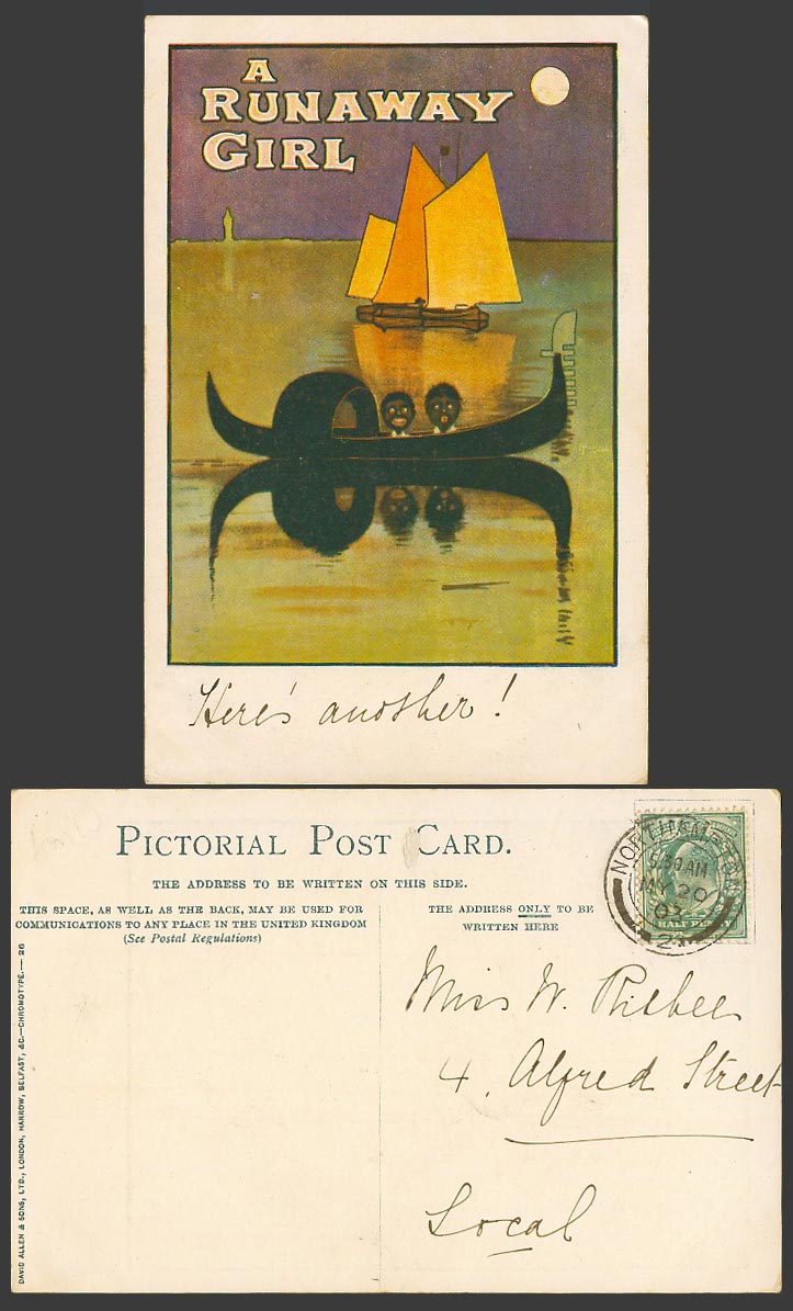 Black Girl Boy, Boat Canoe, A Runaway Girl Theatre Advertising 1903 Old Postcard