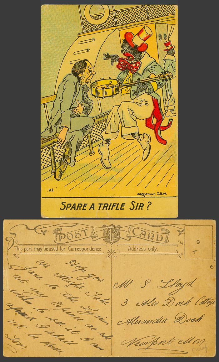 Black Musician on Board a Ship, Mandolin, Spare a Trifle Sir? Comic Old Postcard