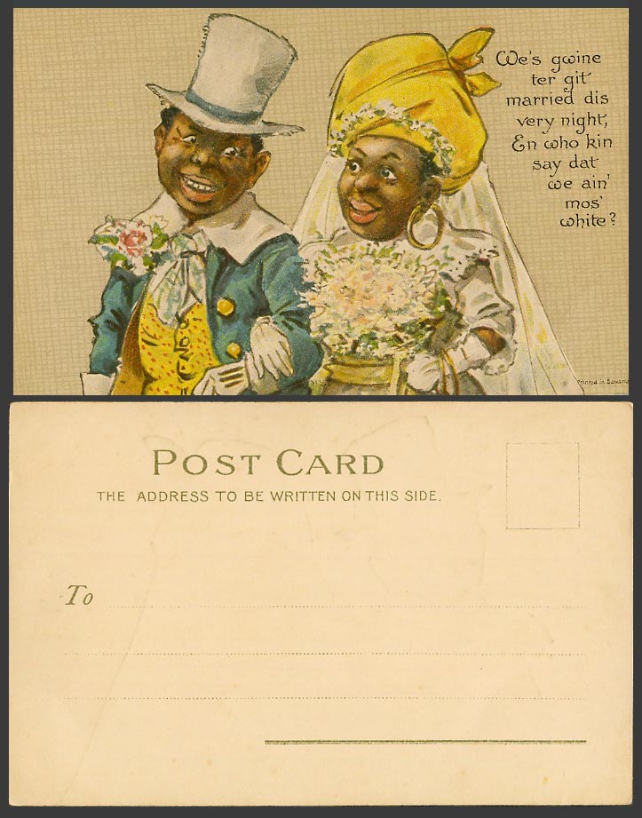 Black Comic Humour Old Postcard Wedding, Bride Bridegroom Married dis Very Night