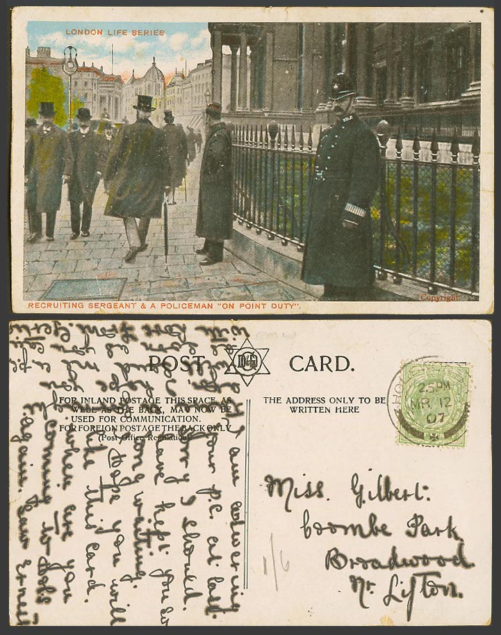 London 1907 Old Postcard Recruiting Sergeant & A Policeman on Point Duty, Police