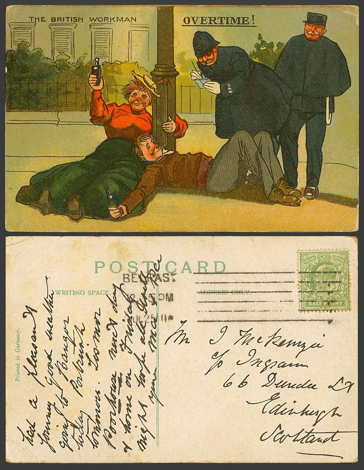 Police Policeman The British Workman Overtime! Drunk Man Woman 1911 Old Postcard