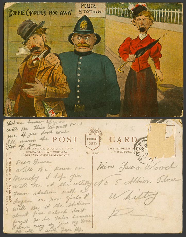 Police Station Bonnie Charlie's Moo Awa Drunk Man Comic Humour 1905 Old Postcard
