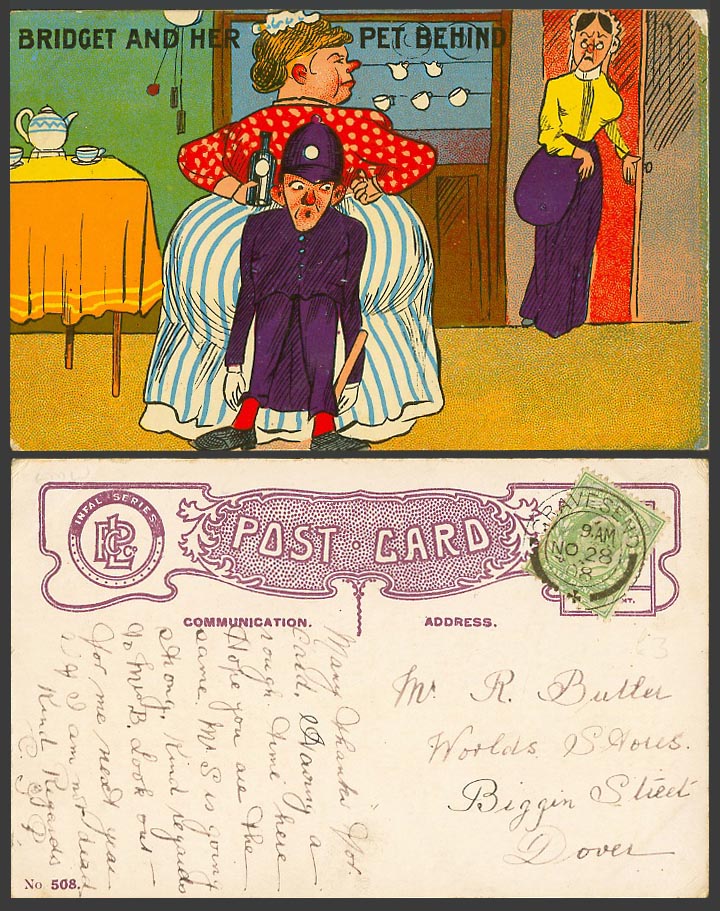 Police Policeman Fat Woman Lady Bridget & Her Pet Behind Comic 1908 Old Postcard