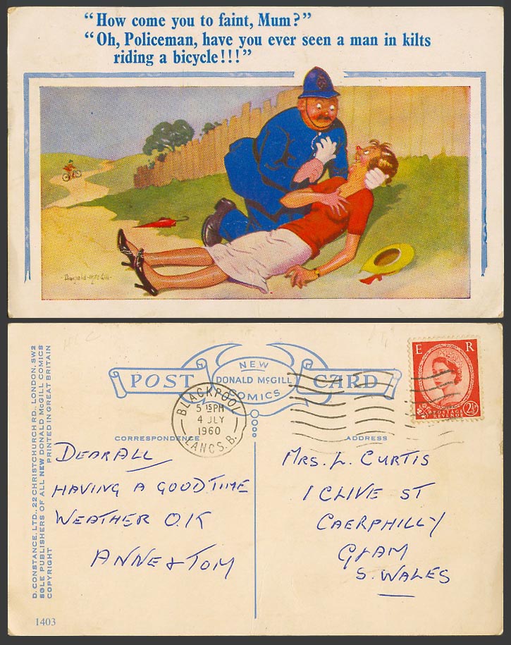 Donald McGill 1960 Old Postcard Policeman Police - How come You Faint, Mum? 1403