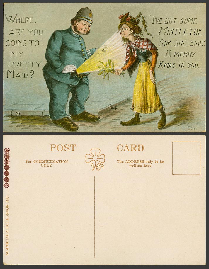Police Policeman Old Postcard Gypsy, Pretty Maid Got Mistletoe Merry Xmas to You