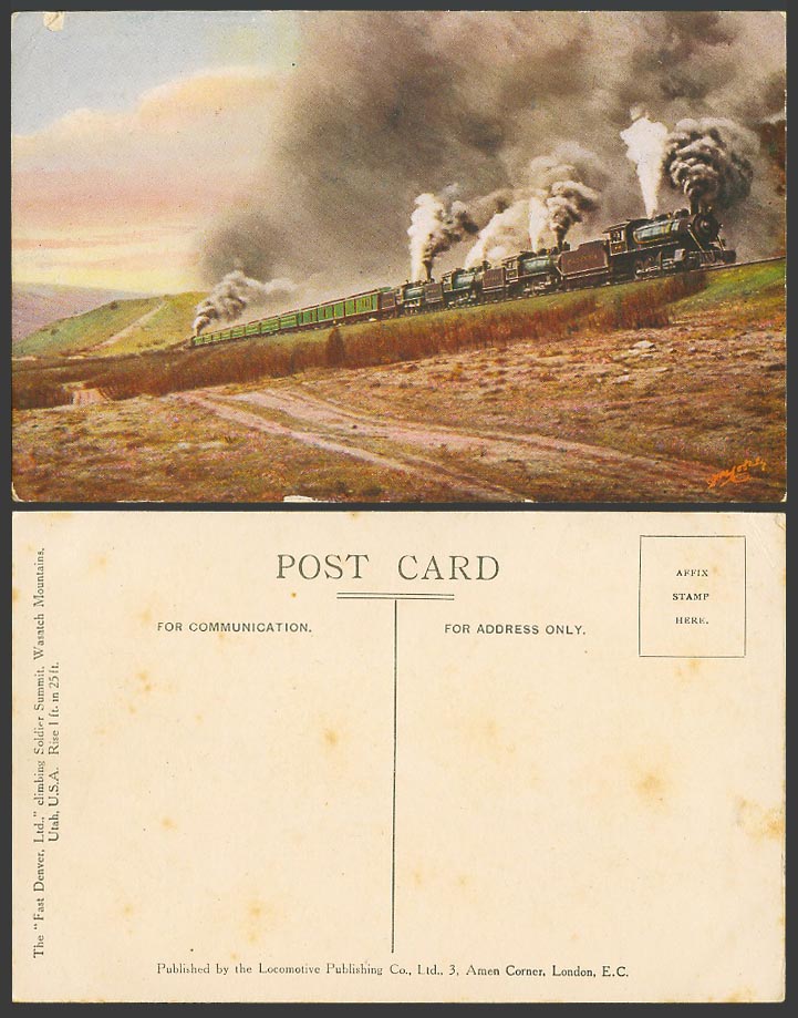 Fast Denver Soldier Summit Wasatch Mountain Locomotive Engine Train Old Postcard