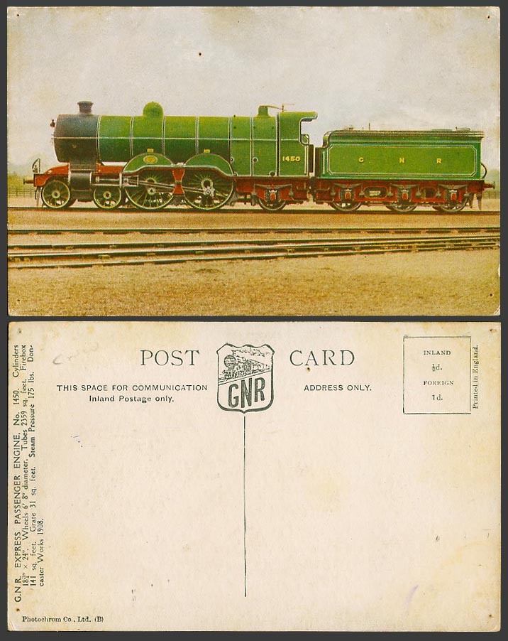G.N.R. Express Passenger Engine 1450, Locomotive Train Railway Rail Old Postcard