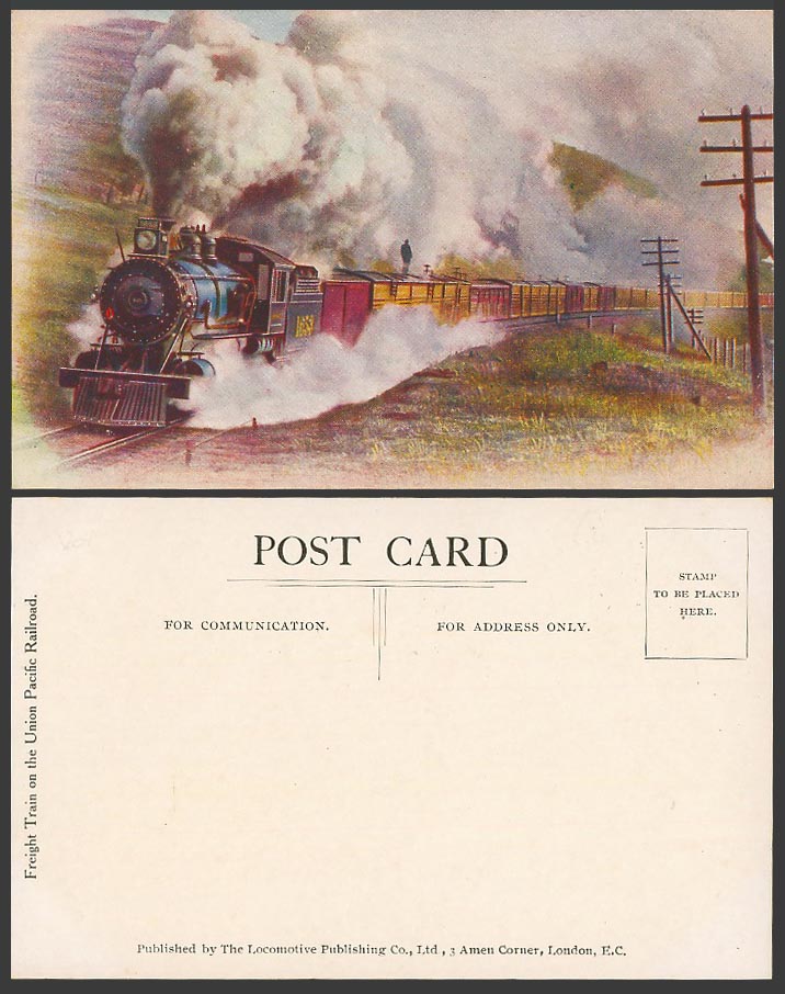 Freight Train on United Pacific Railroad Locomotive Engine 1653 Old ART Postcard