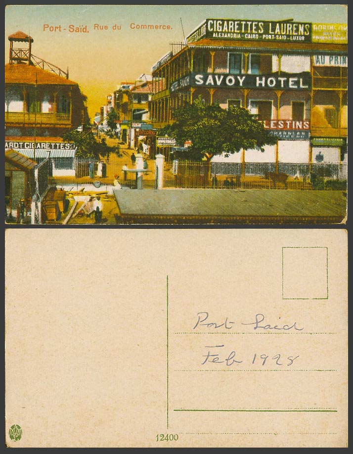 Egypt 1928 Old Postcard Port Said, Rue du Commerce Street Savoy Hotel Cigarettes