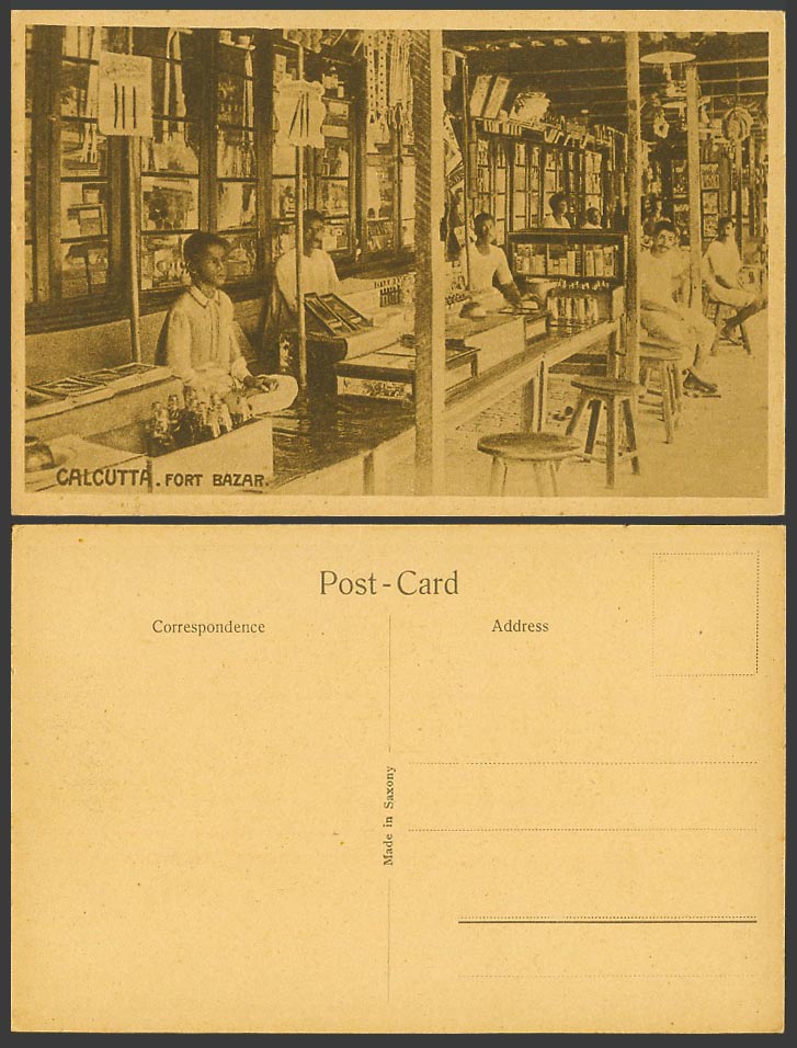 India Old Postcard Calcutta, Fort William Bazar Interior, Native Sellers Vendors