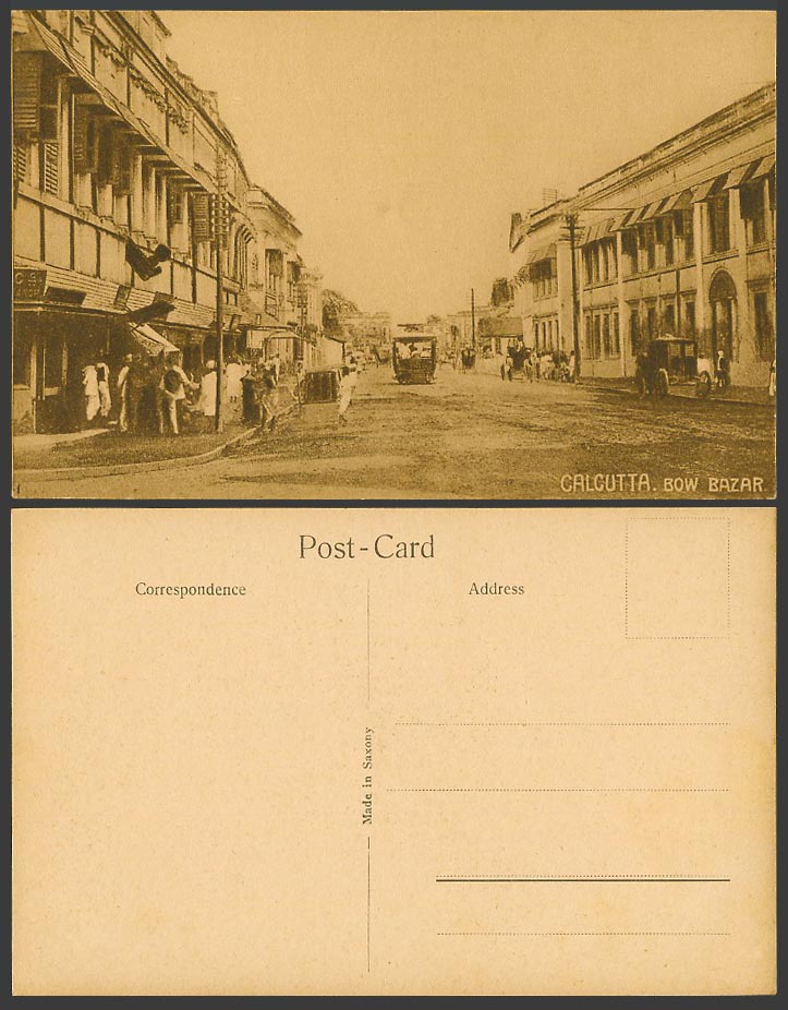 India Old Postcard Calcutta, Bow Bazar Bazaar Market, Street Scene, Tram Tramcar
