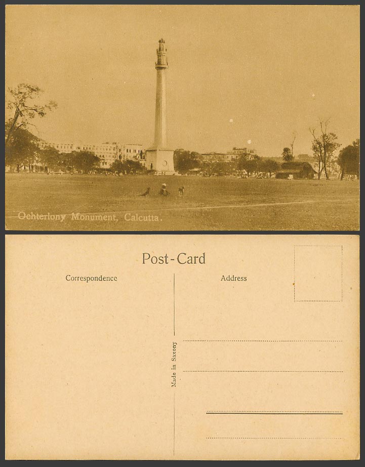 India Old Postcard Calcutta - Ochterlony Monument Memorial, Man and Dogs Puppies