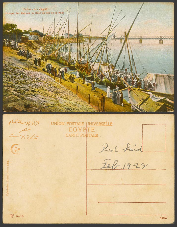 Egypt 1928 Old Postcard Cafre-el-Zayat, Group Boats at Bank of Nile River Bridge