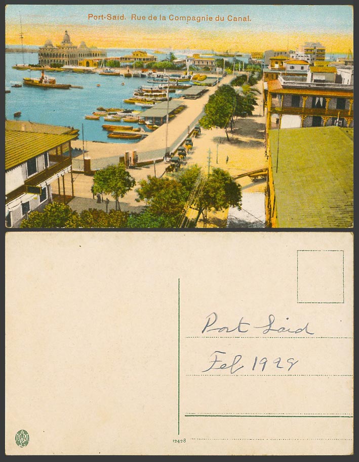 Egypt 1928 Old Colour Postcard Port Said - Rue de la Compagnie du Canal Panorama