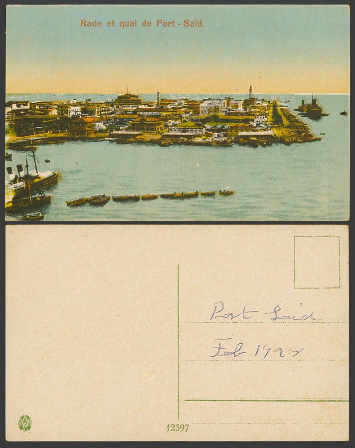 Egypt Old Postcard Rade e Quai de Port Said Quay Lighthouse Ships Boats Panorama