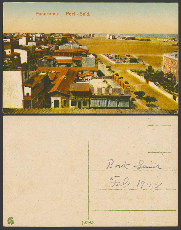 Egypt 1928 Old Colour Postcard Port Said Street Scene Bldg Panorama General View