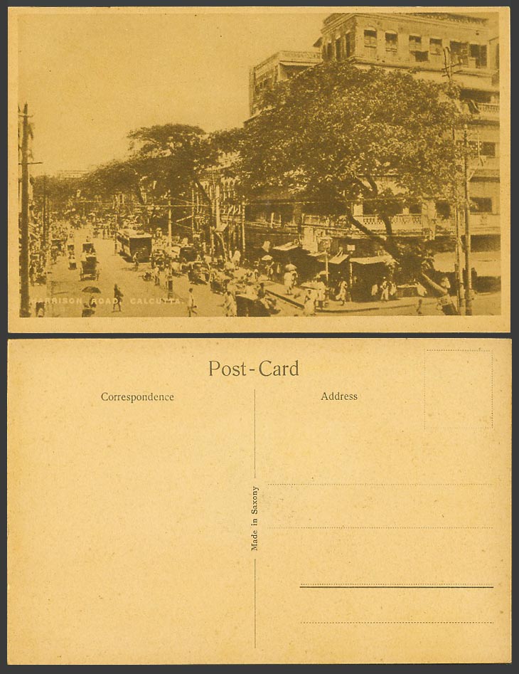 India Old Postcard Harrison Road Calcutta Street Scene TRAM Tramway Brit. Indian