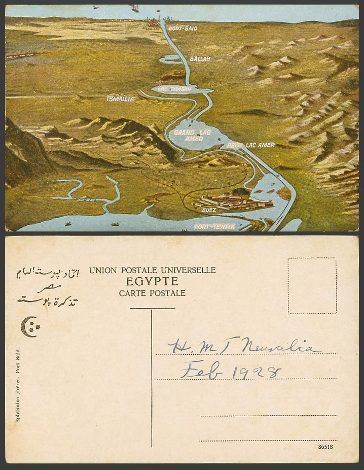 Egypt 1928 Old Postcard Port Said, MAP Plan, Canal de Suez Ballah Petit Lac Amer