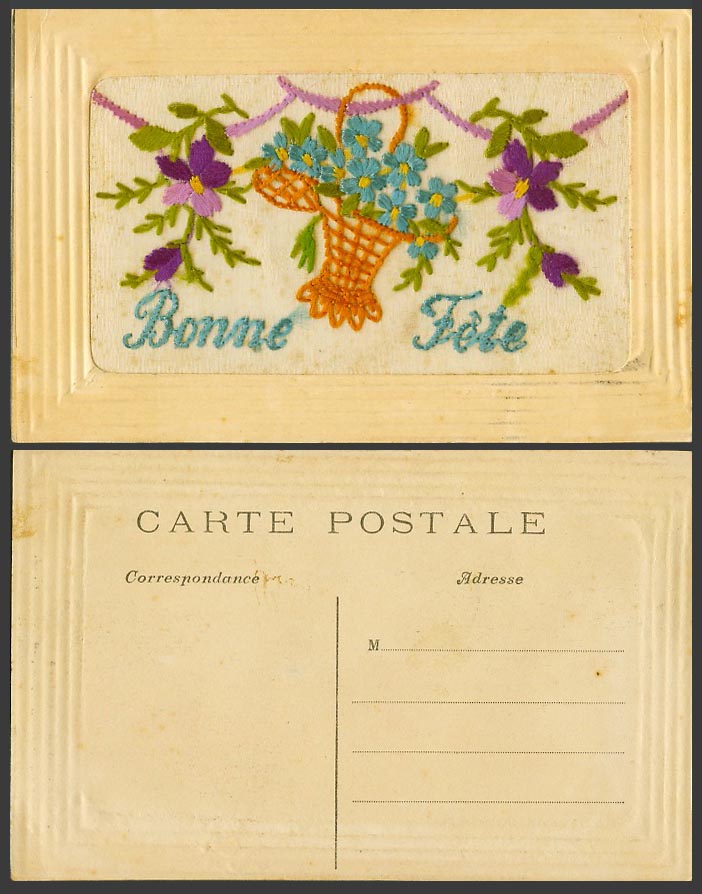 WW1 SILK Embroidered Old Postcard Bonne Fete, Happy Birthday, Flowers and Basket