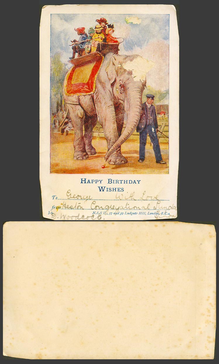Elephant Ride Children Zookeeper Happy Birthday Wishes Artist Drawn Old Postcard