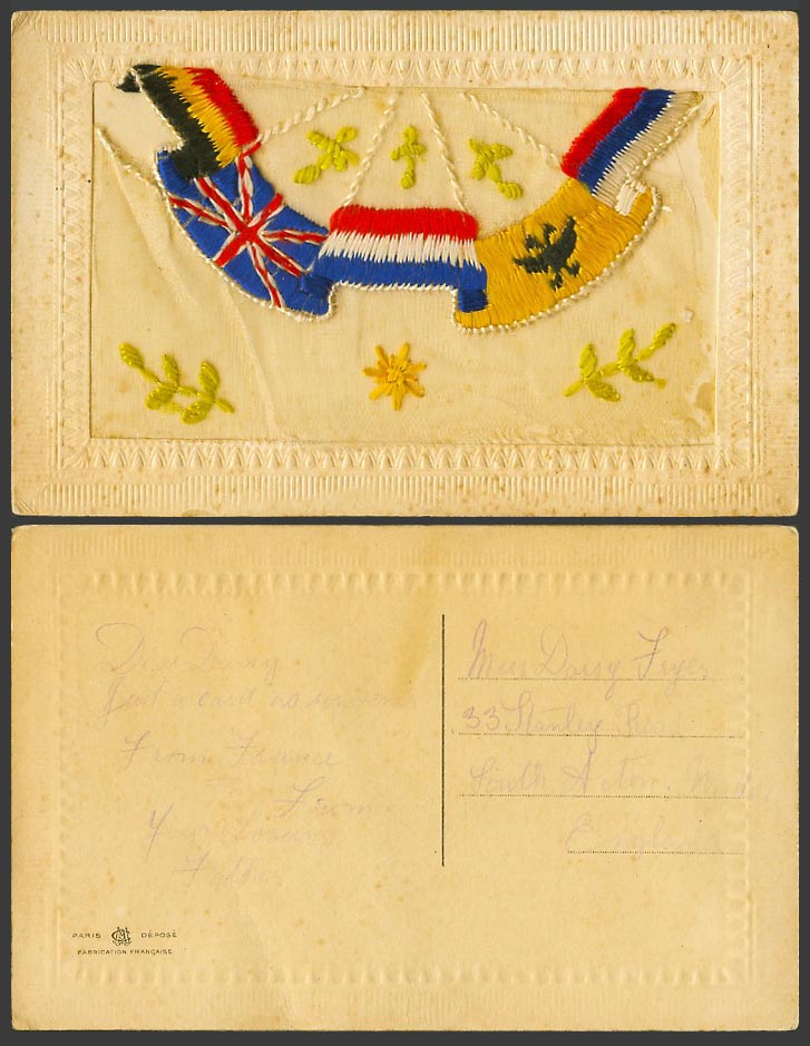 WW1 SILK Embroidered Old Postcard British French Belgian Flags Flag Empty Wallet