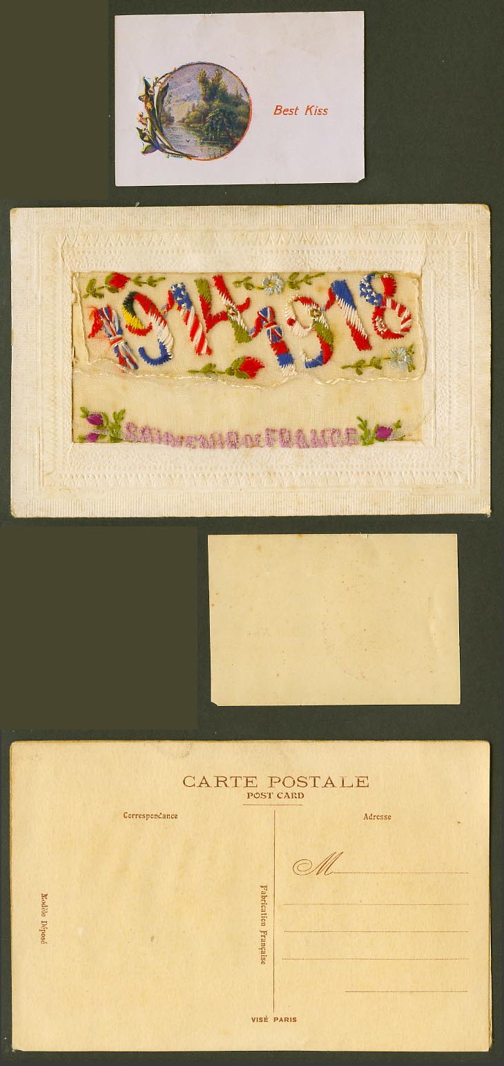 WW1 SILK Embroidered Old Postcard 1914 1918, Flowers, Flags, Best Kiss in Wallet