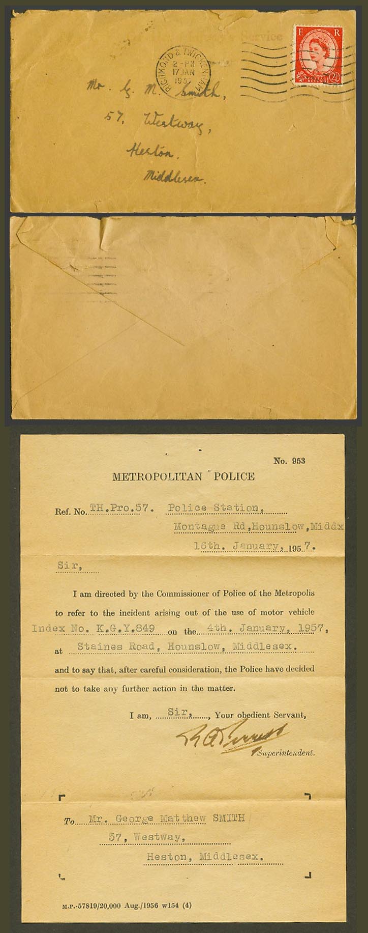 GB QEII 2 1/2d 1957 Old Cover Envelope Metropolitan Police N.953 Hounslow Middx